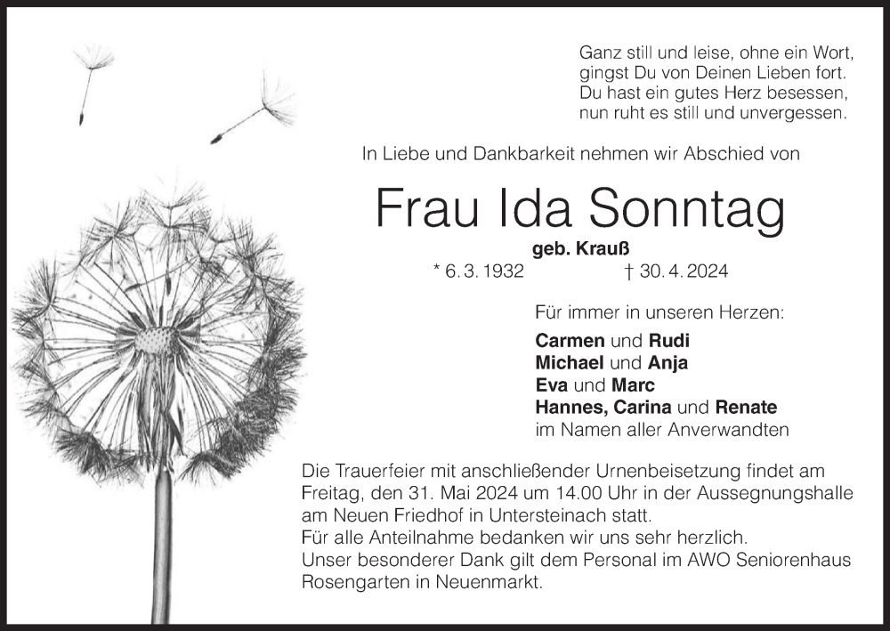  Traueranzeige für Ida Sonntag vom 25.05.2024 aus MGO