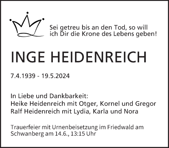 Anzeige von Inge Heidenreich von MGO