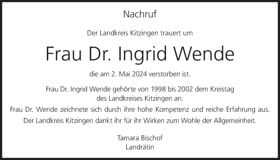 Anzeige von Ingrid Wende von MGO