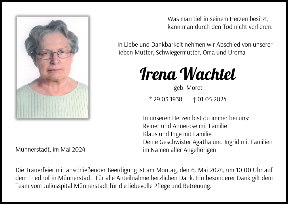  Traueranzeige für Irena Wachtel vom 04.05.2024 aus MGO