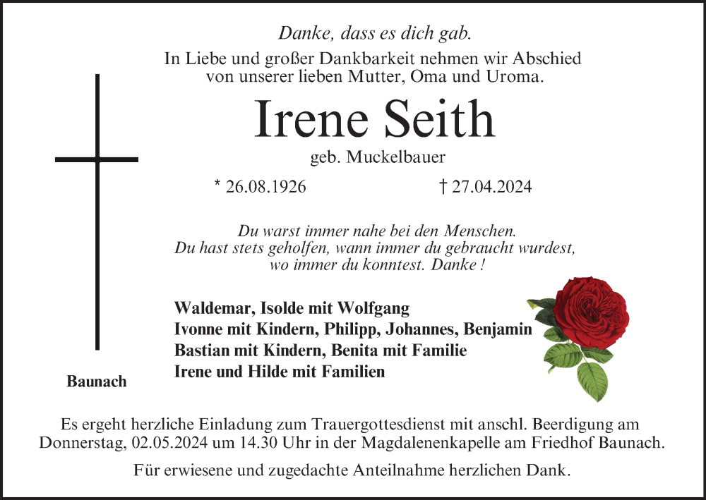  Traueranzeige für Irene Seith vom 30.04.2024 aus MGO