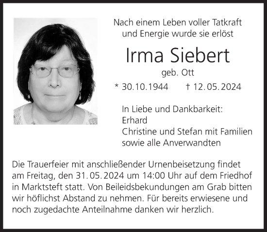 Anzeige von Irma Siebert von MGO