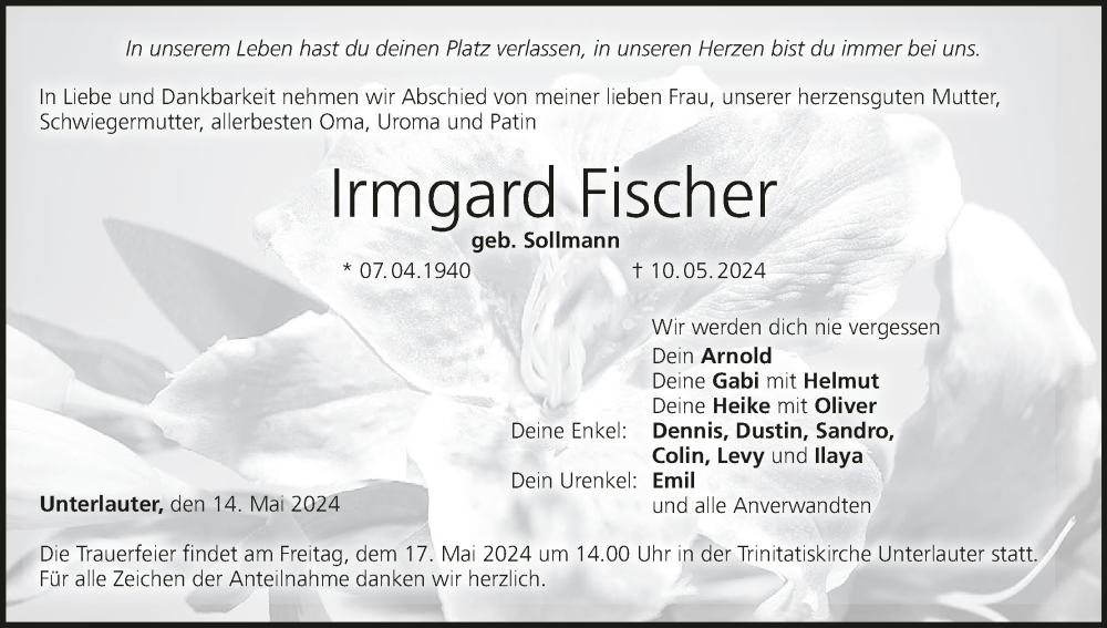  Traueranzeige für Irmgard Fischer vom 14.05.2024 aus MGO