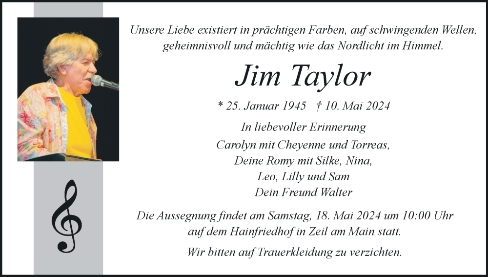  Traueranzeige für Jim Taylor vom 16.05.2024 aus MGO