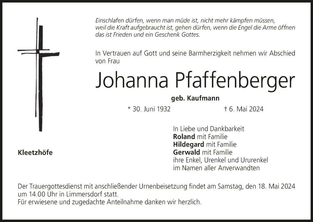  Traueranzeige für Johanna Pfaffenberger vom 15.05.2024 aus MGO