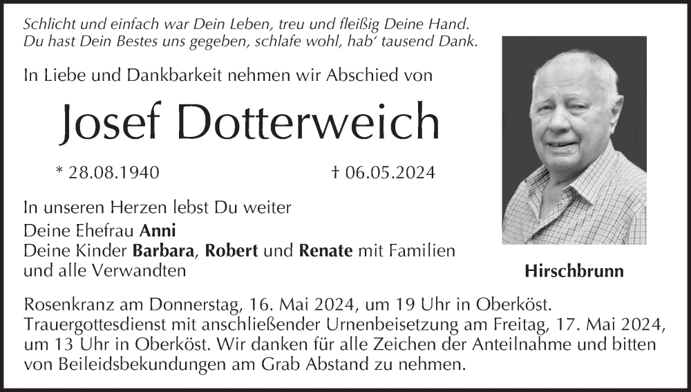  Traueranzeige für Josef Dotterweich vom 11.05.2024 aus MGO