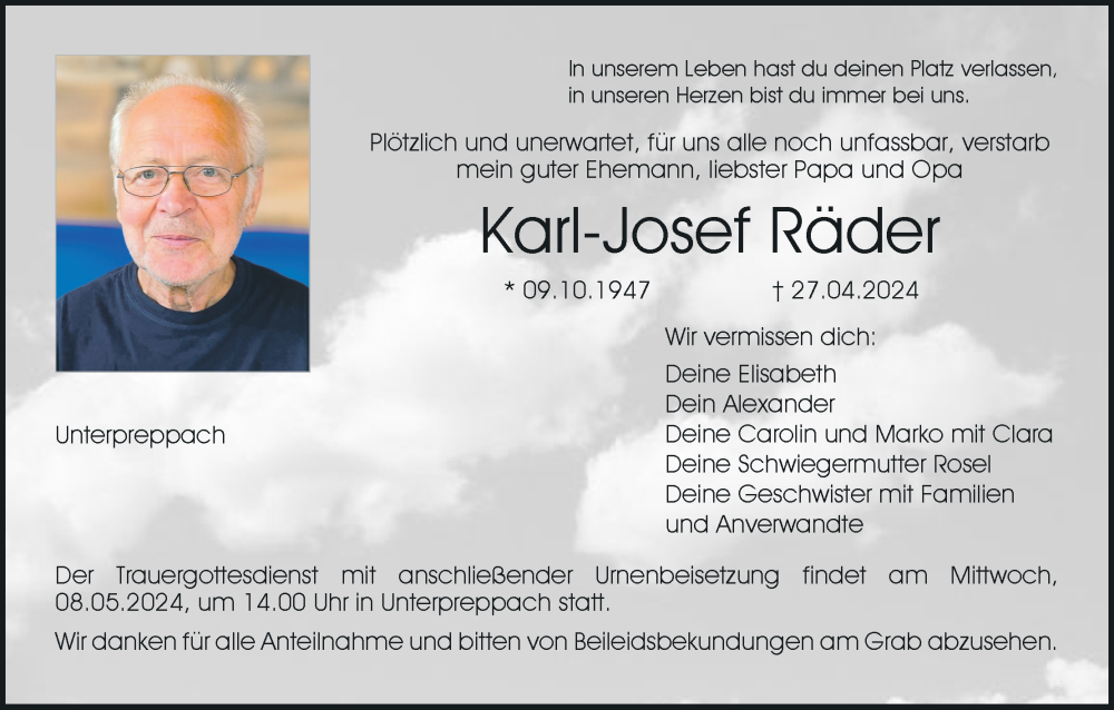  Traueranzeige für Karl-Josef Räder vom 04.05.2024 aus MGO