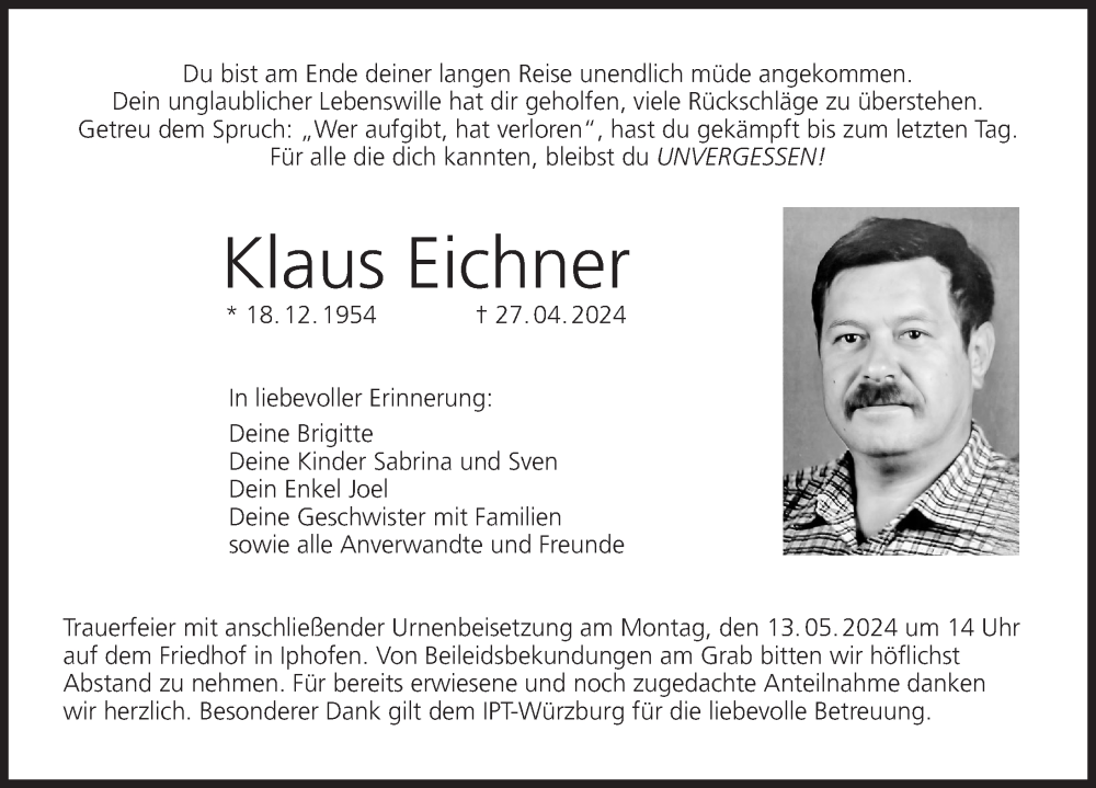  Traueranzeige für Klaus Eichner vom 08.05.2024 aus MGO