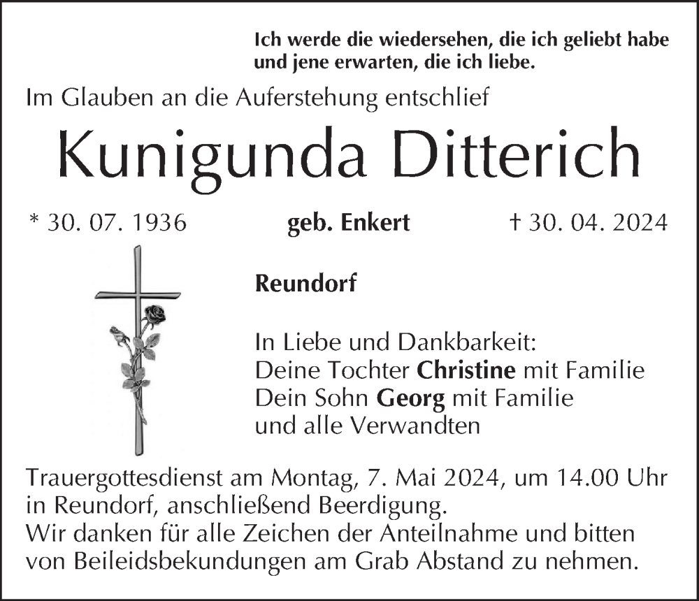  Traueranzeige für Kunigunda Ditterich vom 04.05.2024 aus MGO