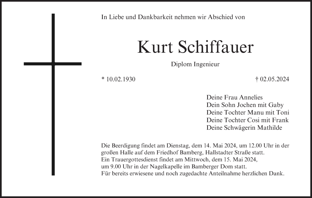  Traueranzeige für Kurt Schiffauer vom 11.05.2024 aus MGO
