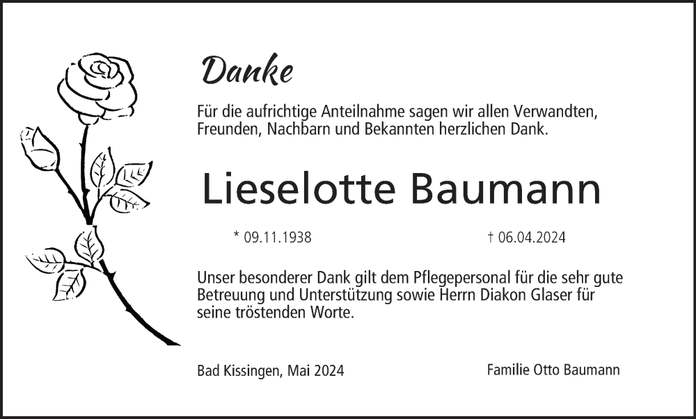  Traueranzeige für Lieselotte Baumann vom 18.05.2024 aus MGO