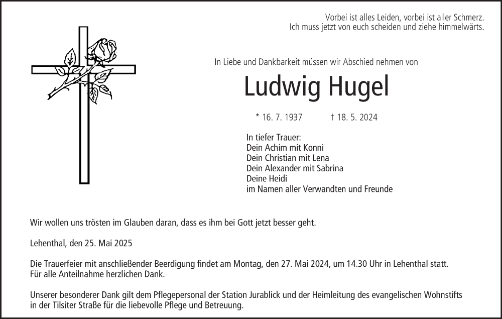  Traueranzeige für Ludwig Hugel vom 25.05.2024 aus MGO