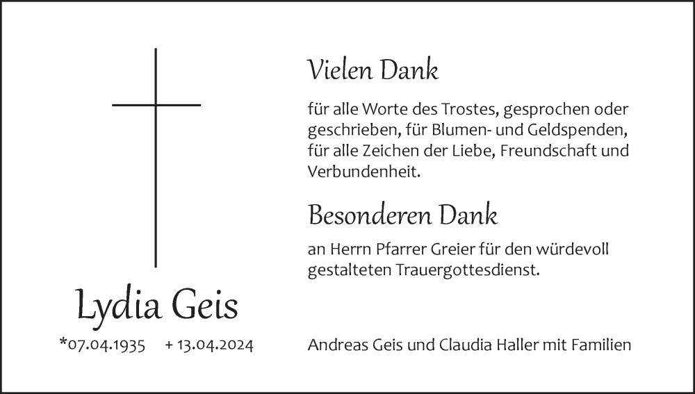  Traueranzeige für Lydia Geis vom 18.05.2024 aus MGO