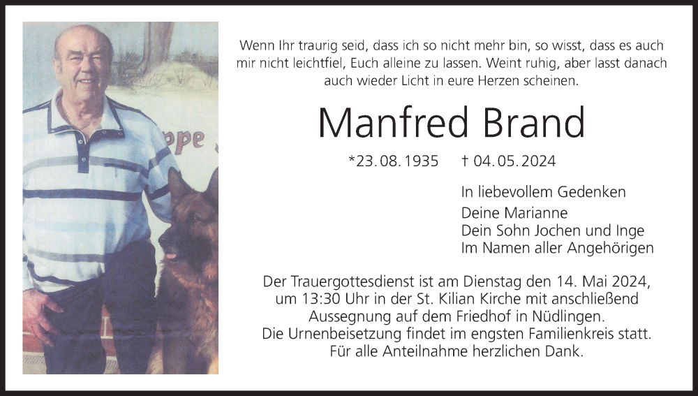  Traueranzeige für Manfred Brand vom 11.05.2024 aus MGO