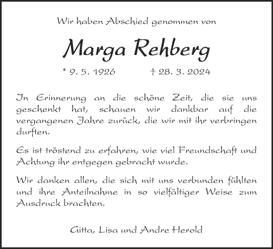 Anzeige von Marga Rehberg von MGO