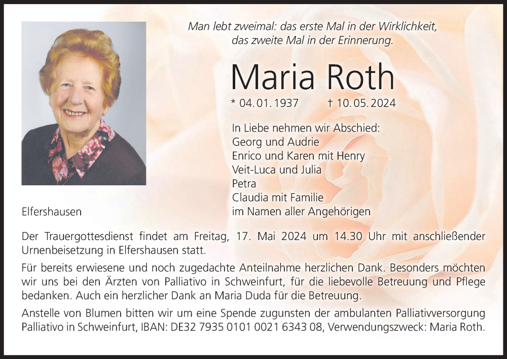  Traueranzeige für Maria Roth vom 14.05.2024 aus MGO
