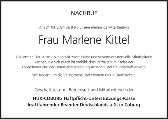 Anzeige von Marlene Kittel von MGO