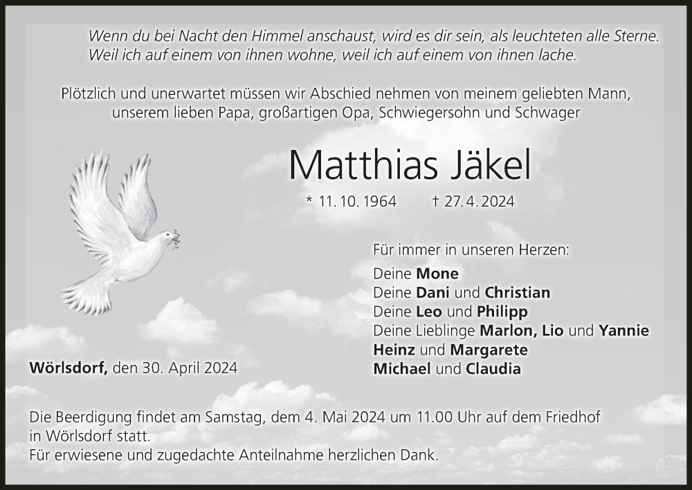  Traueranzeige für Matthias Jäkel vom 30.04.2024 aus MGO