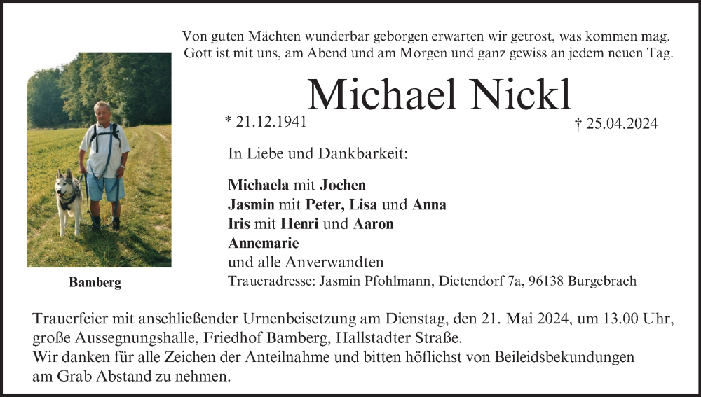  Traueranzeige für Michael Nickl vom 18.05.2024 aus MGO