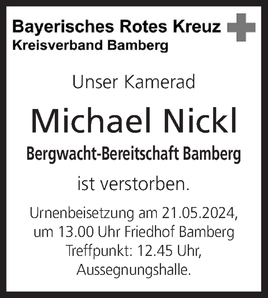  Traueranzeige für Michael Nickl vom 18.05.2024 aus MGO