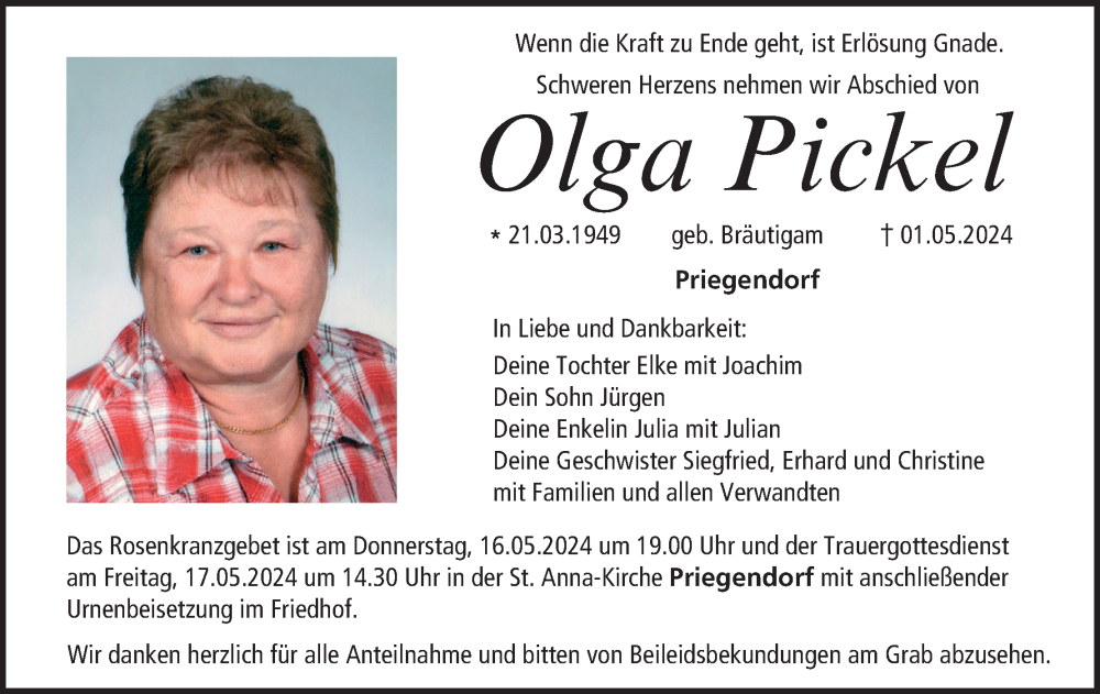  Traueranzeige für Olga Pickel vom 11.05.2024 aus MGO