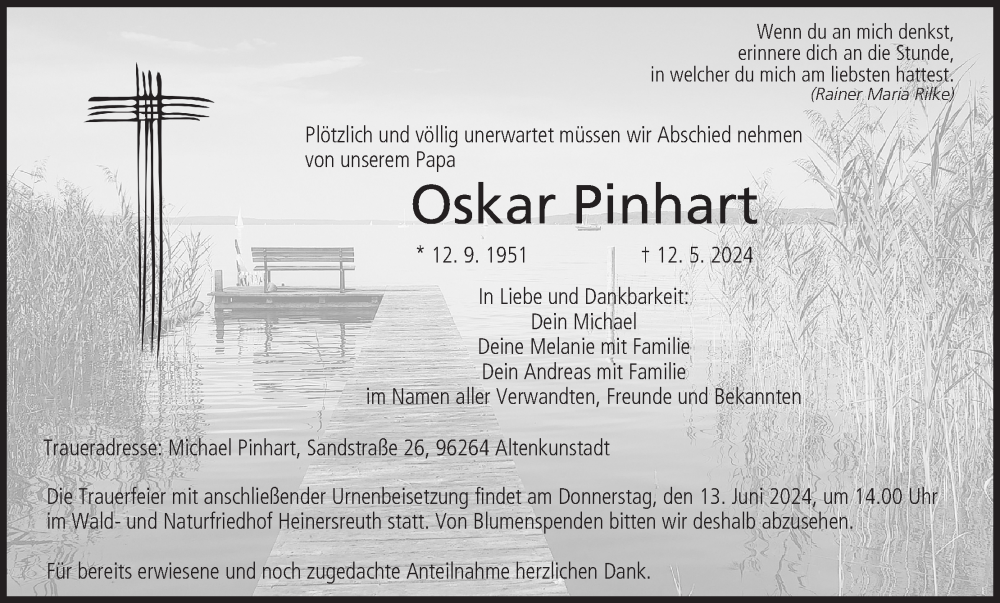 Traueranzeige für Oskar Pinhart vom 25.05.2024 aus MGO