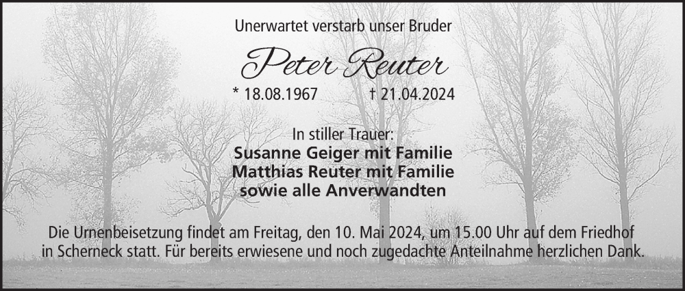  Traueranzeige für Peter Reuter vom 04.05.2024 aus MGO