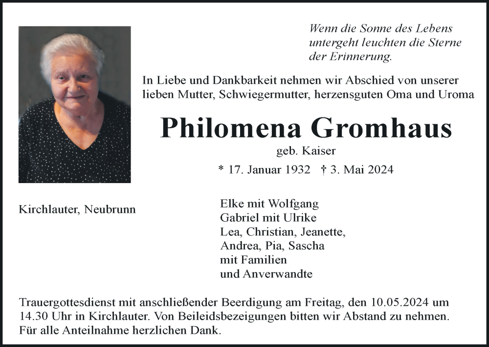  Traueranzeige für Philomena Gromhaus vom 08.05.2024 aus MGO