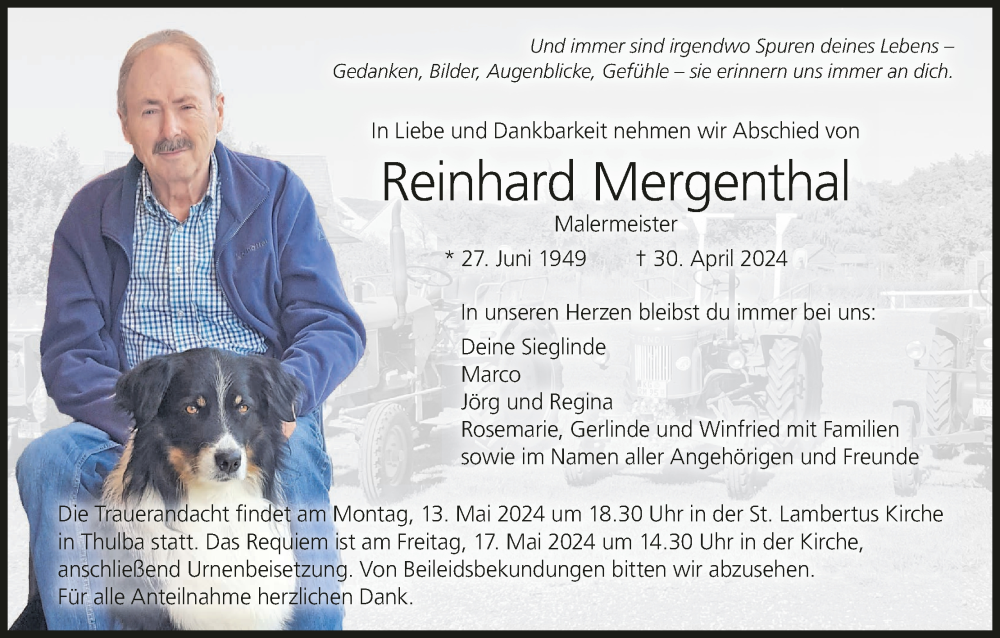  Traueranzeige für Reinhard Mergenthal vom 11.05.2024 aus MGO