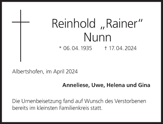 Anzeige von Reinhold Nunn von MGO