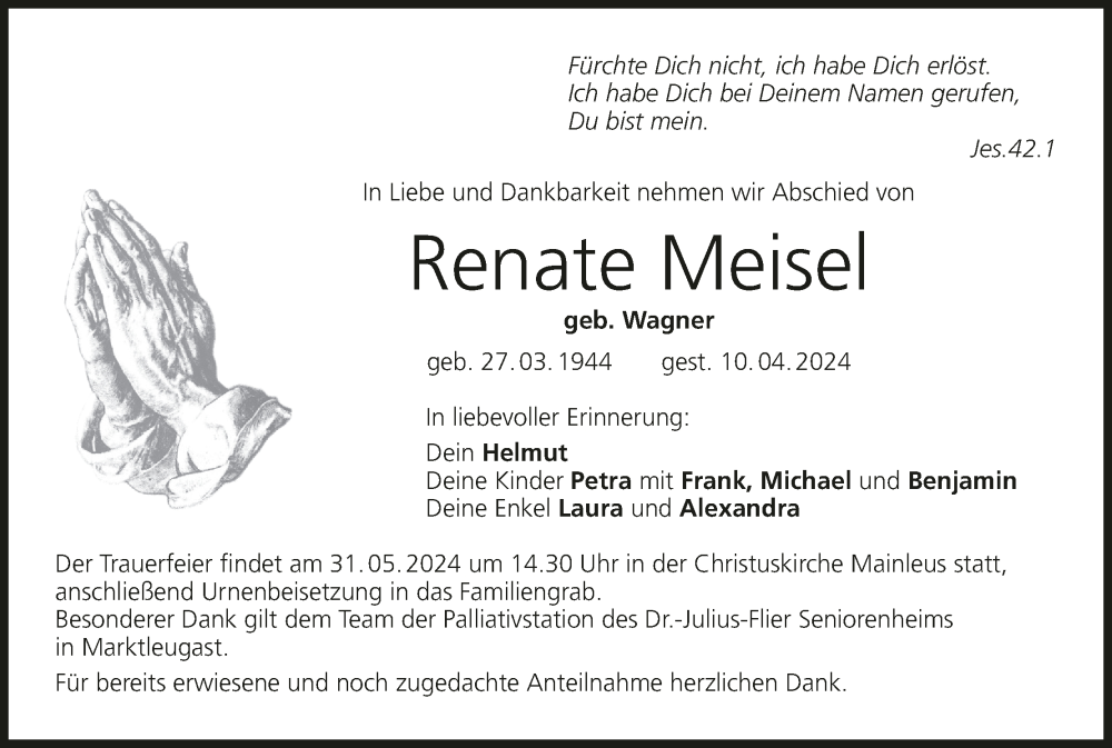  Traueranzeige für Renate Meisel vom 25.05.2024 aus MGO