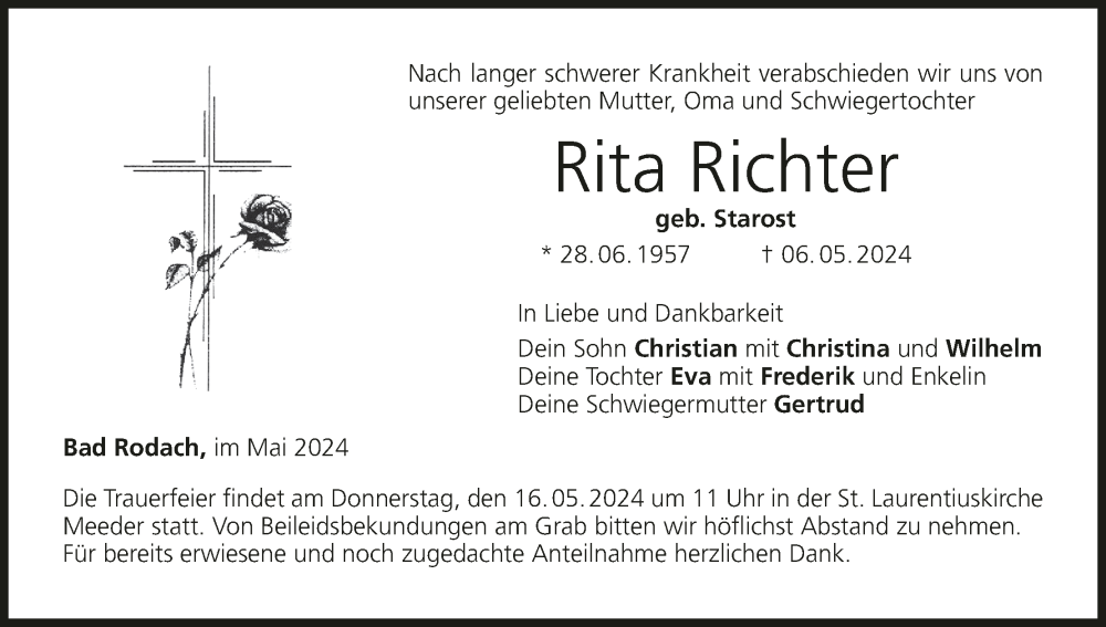  Traueranzeige für Rita Richter vom 11.05.2024 aus MGO