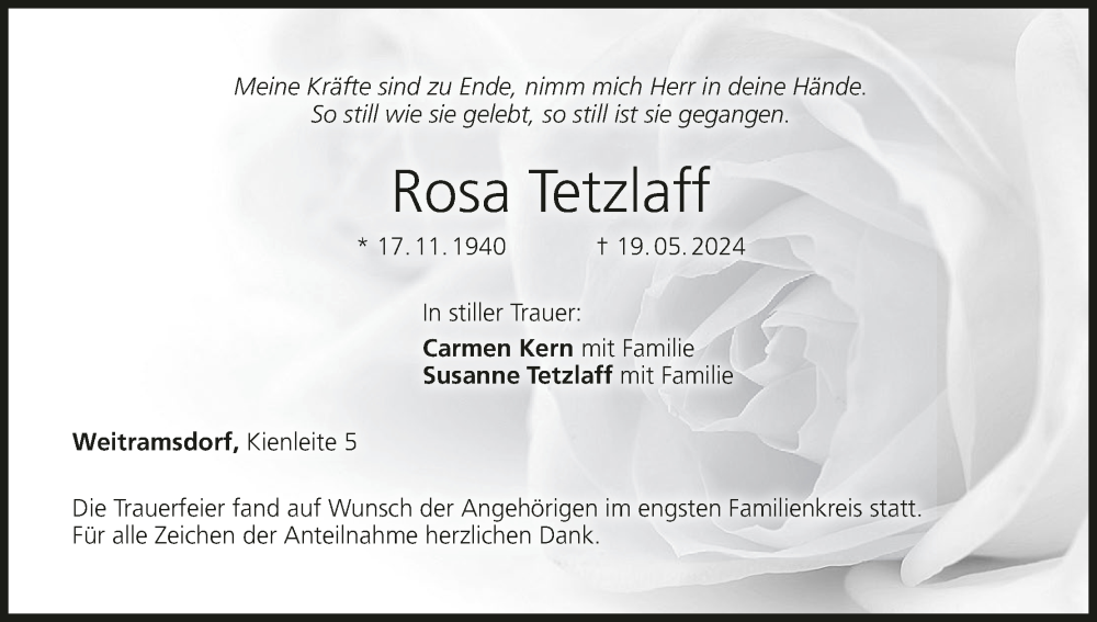  Traueranzeige für Rosa Tetzlaff vom 25.05.2024 aus MGO