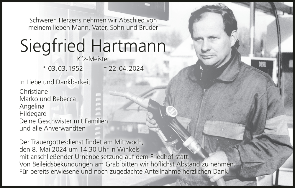  Traueranzeige für Siegfried Hartmann vom 04.05.2024 aus MGO