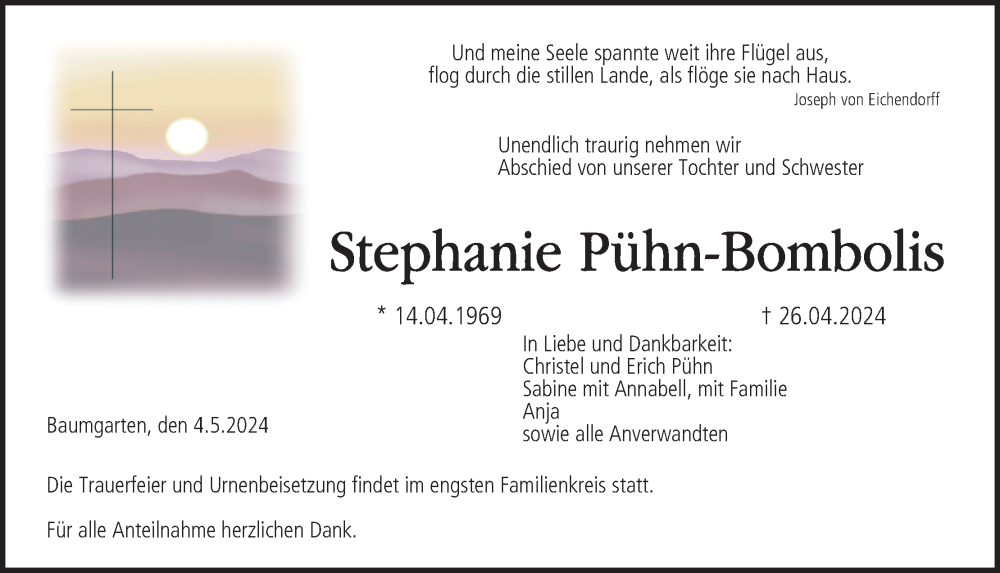  Traueranzeige für Stephanie Pühn-Bombolis vom 04.05.2024 aus MGO