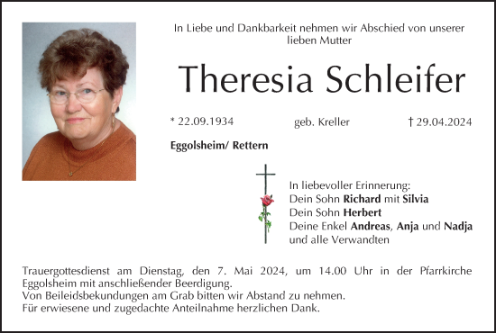 Anzeige von Theresia Schleifer von MGO