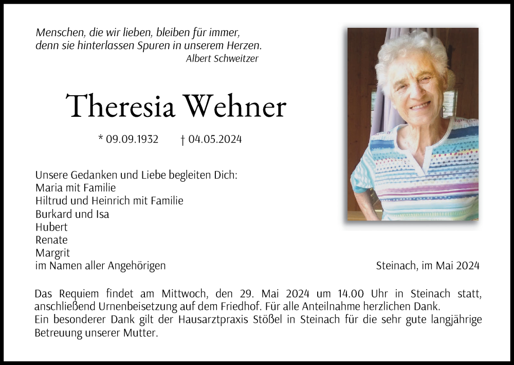  Traueranzeige für Theresia Wehner vom 25.05.2024 aus MGO
