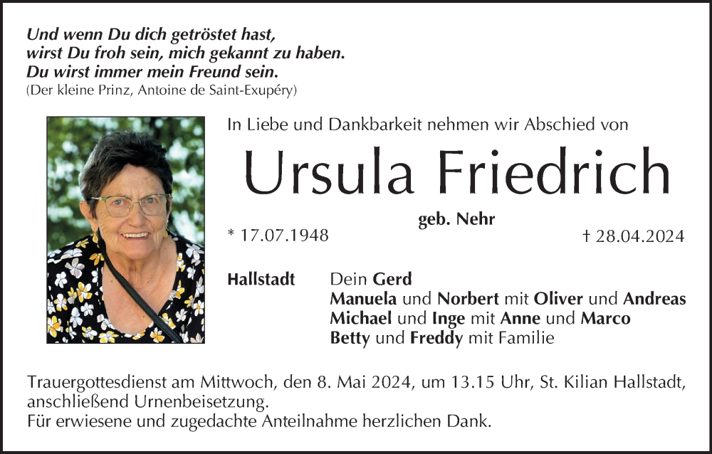  Traueranzeige für Ursula Friedrich vom 04.05.2024 aus MGO