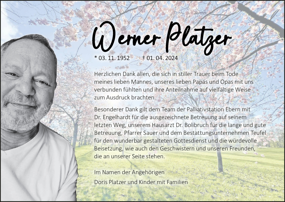  Traueranzeige für Werner Platzer vom 04.05.2024 aus MGO