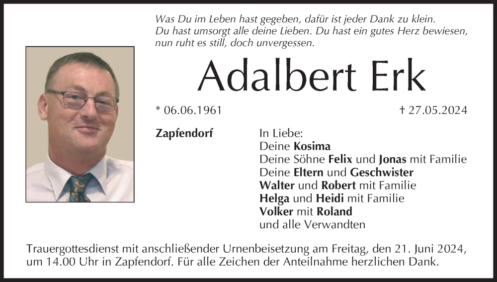  Traueranzeige für Adalbert Erk vom 15.06.2024 aus MGO
