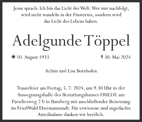 Anzeige von Adelgunde Töppel von MGO