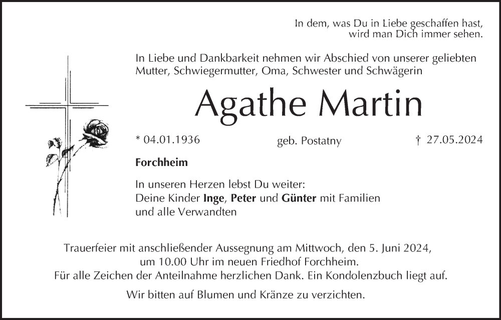  Traueranzeige für Agathe Martin vom 01.06.2024 aus MGO