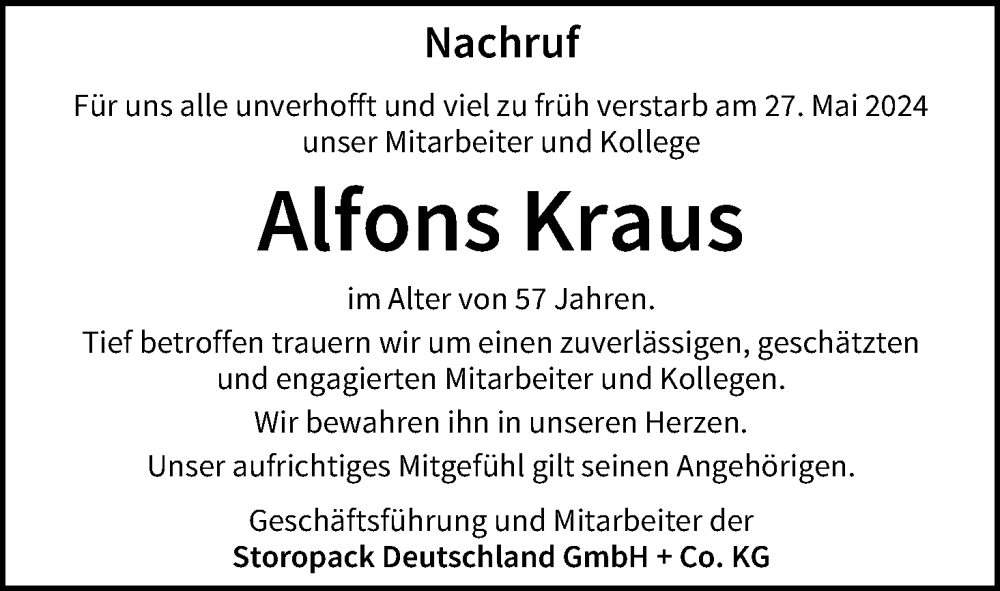 Traueranzeige für Alfons Kraus vom 01.06.2024 aus MGO