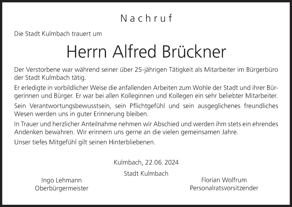  Traueranzeige für Alfred Brückner vom 22.06.2024 aus MGO