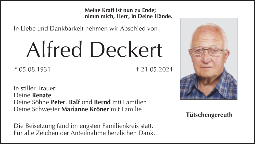  Traueranzeige für Alfred Deckert vom 01.06.2024 aus MGO