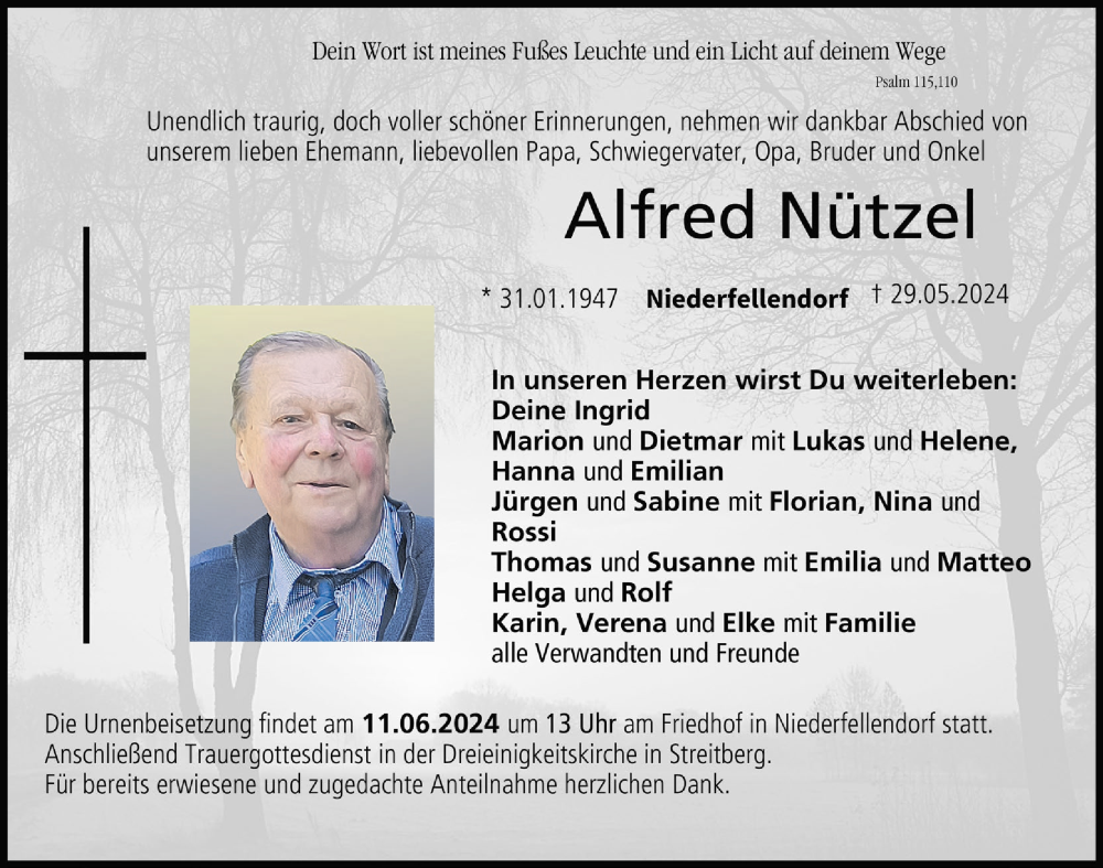  Traueranzeige für Alfred Nützel vom 08.06.2024 aus MGO