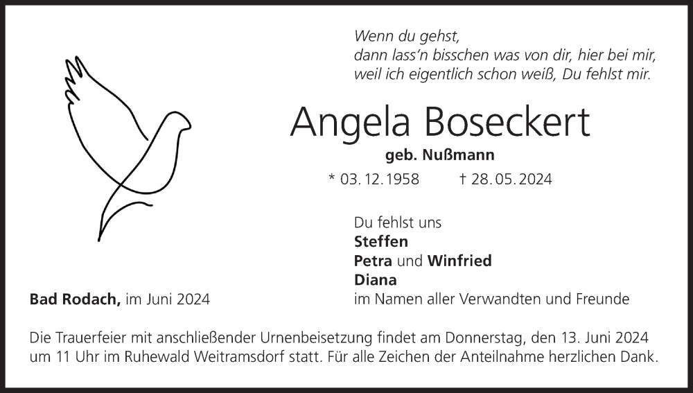  Traueranzeige für Angela Boseckert vom 08.06.2024 aus MGO