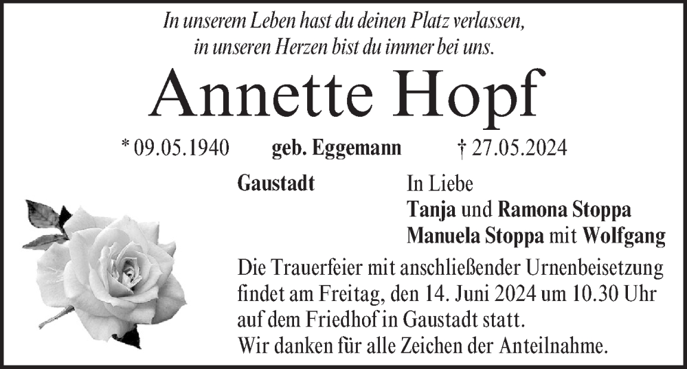  Traueranzeige für Annette Hopf vom 08.06.2024 aus MGO