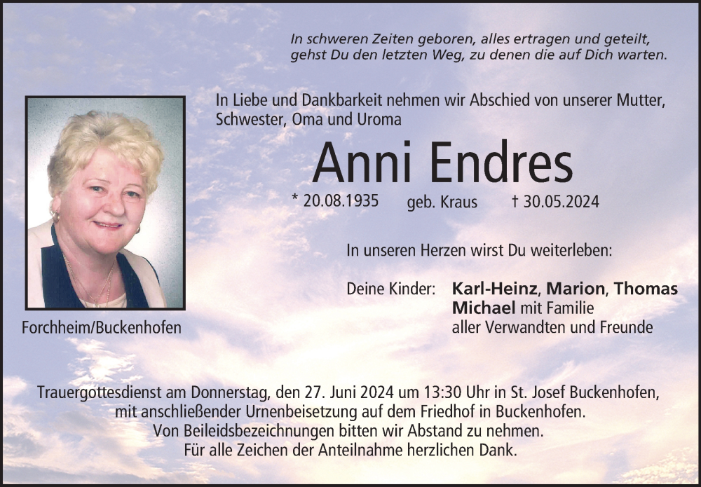  Traueranzeige für Anni Endres vom 22.06.2024 aus MGO
