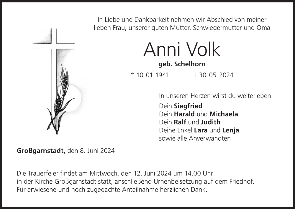  Traueranzeige für Anni Volk vom 08.06.2024 aus MGO